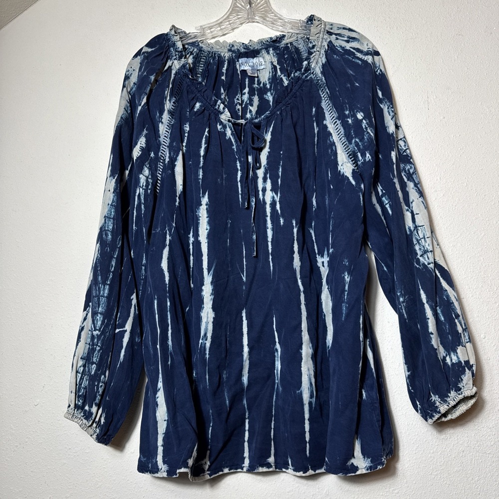 Knox Rose Women's Large Blue Tie Dye Lyocell Peasant Blouse Boho Long Sleeve